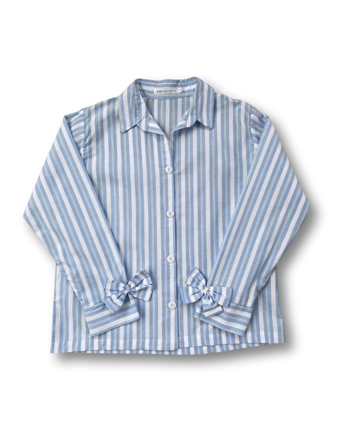 Classic Winter Cotton Pyjama Set – Blue Stripe with Bow Detail