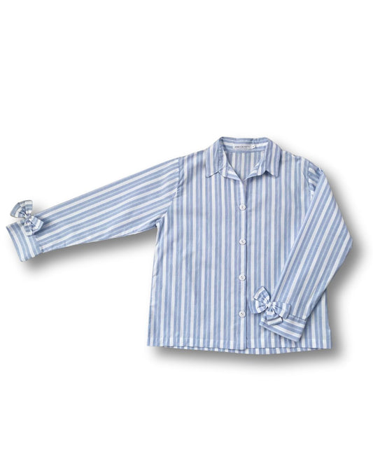 Classic Winter Cotton Pyjama Set – Blue Stripe with Bow Detail