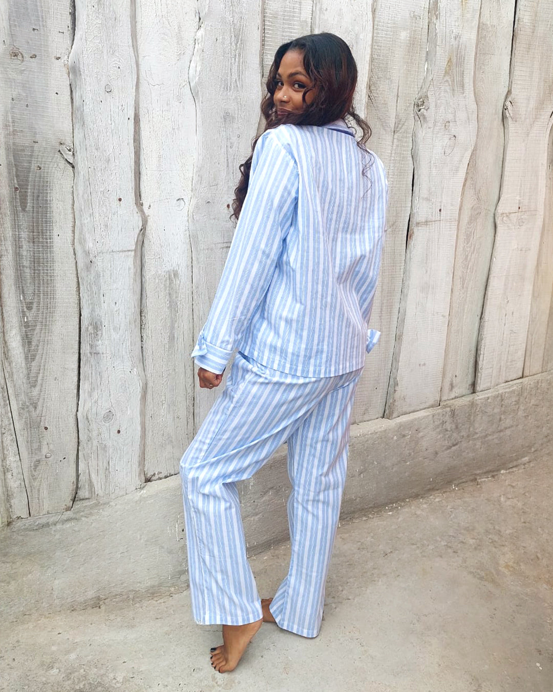 Classic Winter Cotton Pyjama Set – Blue Stripe with Bow Detail