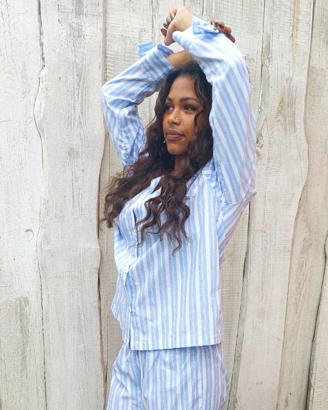 Classic Winter Cotton Pyjama Set – Blue Stripe with Bow Detail