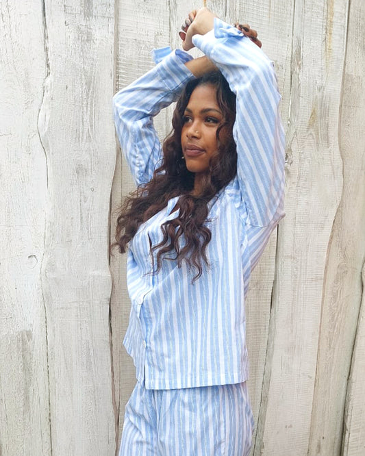 Classic Winter Cotton Pyjama Set – Blue Stripe with Bow Detail